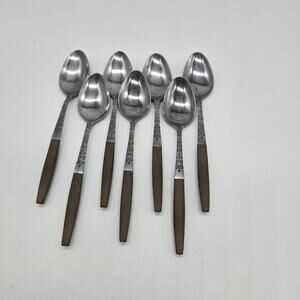 Vintage Interpur Stainless Steel & Wood handle Dinner Tea Spoon Set 7 Japan INR2